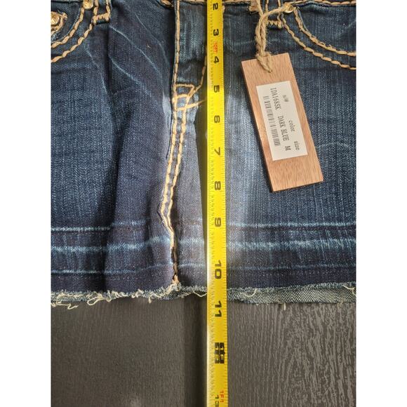 NWT Y2K Denim Low Rise Micro Mini Raw Hem Skirt Sz M Blue Rhinestone Grunge Emo - Picture 7 of 7